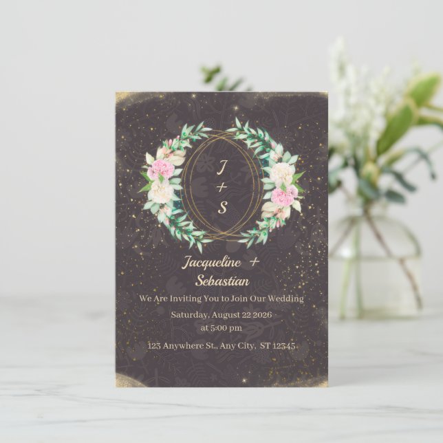 Invitación Gold Sparkle Floral Wreath Wedding (Anverso de pie)