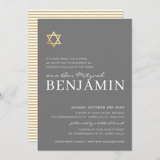 Invitación GOLD STAR Bar Mitzvah moderno blanco gris mínimo (Anverso / Reverso)