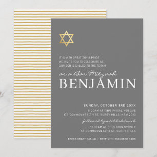 Invitación GOLD STAR Bar Mitzvah moderno blanco gris mínimo