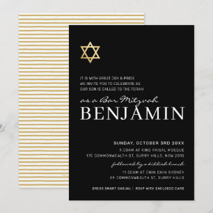 Invitación GOLD STAR Bar moderno Mitzvah blanco negro mínimo