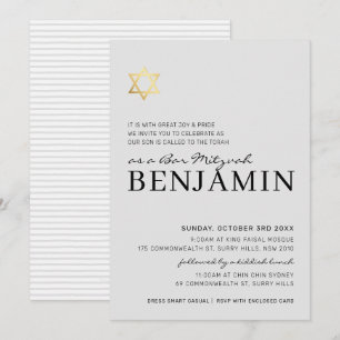 Invitación GOLD STAR bar moderno Mitzvah gris pálido mínimo