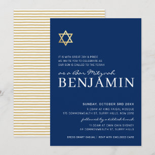 Invitación GOLD STAR Bar moderno Mitzvah mínimo marina blanco