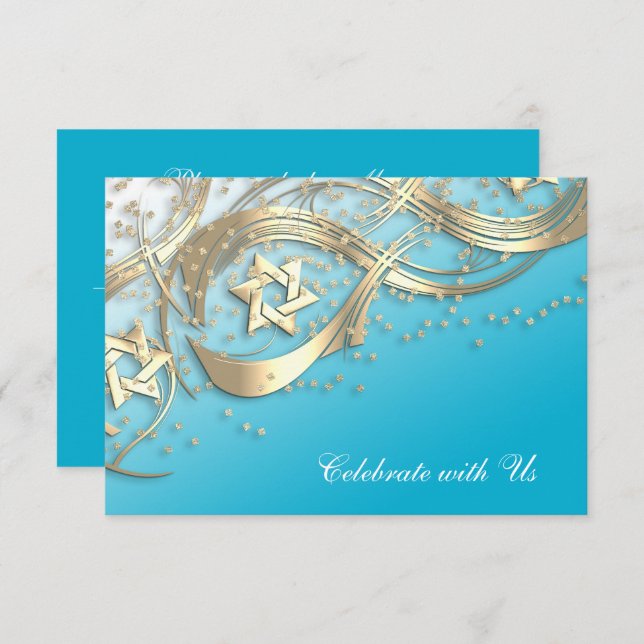 Invitación Gold Star Confetti Flourie RSVP Card Turquoise (Anverso / Reverso)
