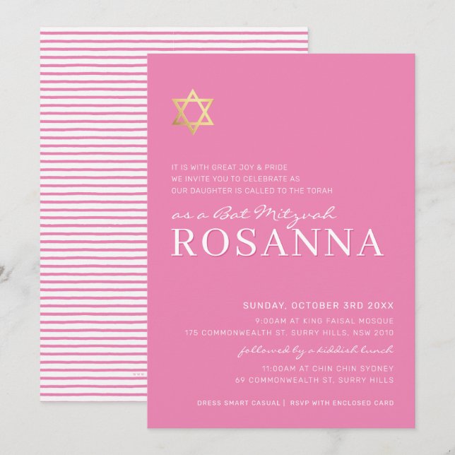 Invitación GOLD STAR moderno Bat Mitzvah bonito mínimo rosa (Anverso / Reverso)