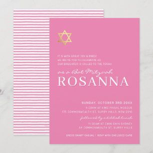 Invitación GOLD STAR moderno Bat Mitzvah bonito mínimo rosa