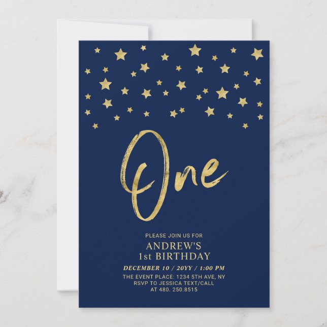 Invitación Gold Star | Navy Blue One Cumpleaños Fiesta 1 (Anverso)