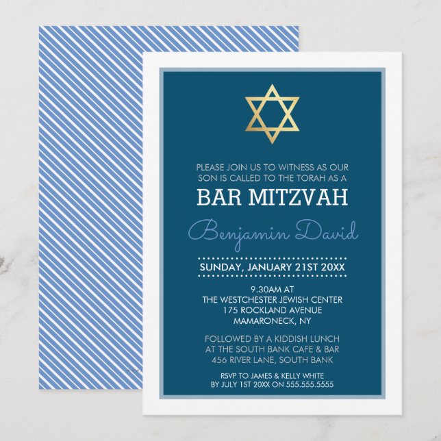 Invitación GOLD STAR OF DAVID bar mitzvah moderno simple azul (Anverso / Reverso)