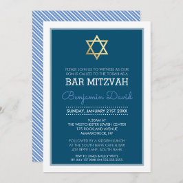 Invitación GOLD STAR OF DAVID bar mitzvah moderno simple azul