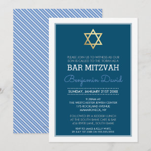 Invitación GOLD STAR OF DAVID bar mitzvah moderno simple azul