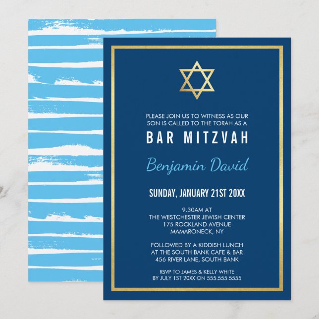 Invitación GOLD STAR OF DAVID bar mitzvah moderno simple azul (Anverso / Reverso)