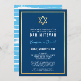 Invitación GOLD STAR OF DAVID bar mitzvah moderno simple azul