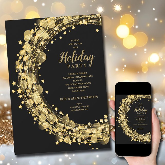 Invitación Gold Star Wreath on Black Christmas Holiday (Gold star wreath on black holiday Christmas invitations, PRINTED and/or INSTANT DOWNLOAD)