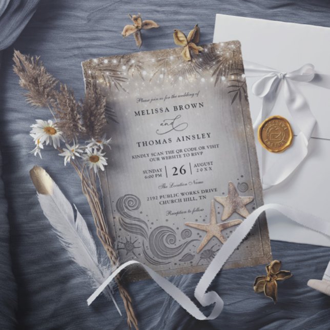 Invitación Gold Starfish Tropical Beach Chic QR Code Wedding (Subido por el creador)
