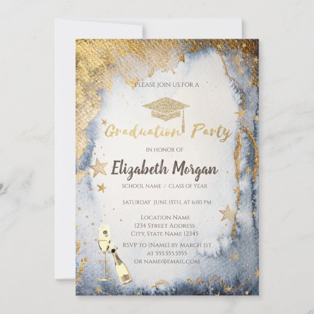 Invitación Gold Stars Purpurina Grad Cap Watercolor (Anverso)