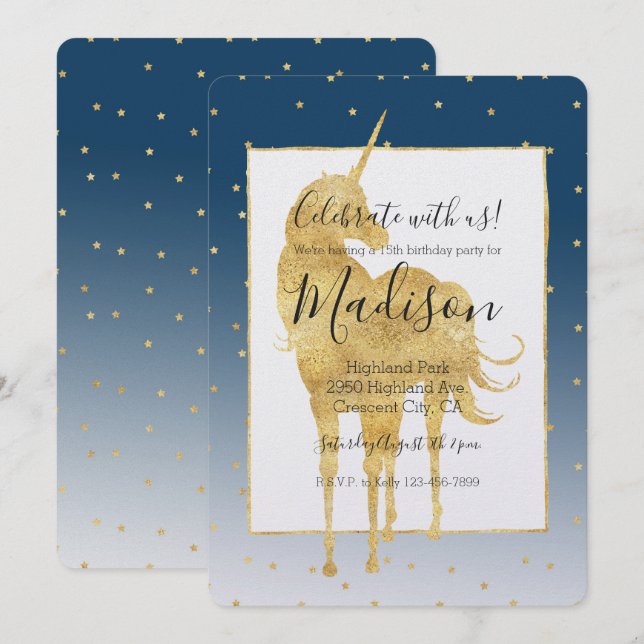 Invitación Gold Stars Sky Shine Bright Unicorn Ombre Cumpleañ (Anverso / Reverso)