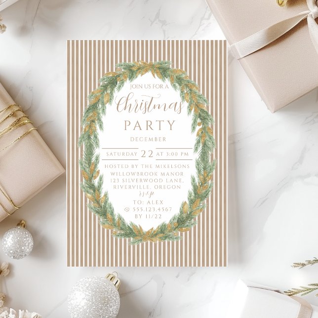 Invitación Gold Stripe Pine Wreath Christmas (Subido por el creador)