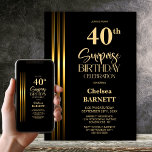 Invitación Gold Striped Black 40th Surprise Birthday Party<br><div class="desc">Make the surprise unforgettable with this stylish gold striped black surprise 40th birthday party invitation. The customizable text templates allow you to add the name of the honored guest, the secret party details, and the venue with ease. Your guest of honor will be in for a night of laughter and...</div>