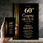 Invitación Gold Striped Black 60th Surprise Birthday Party<br><div class="desc">Make the surprise unforgettable with this stylish gold striped black surprise 60th birthday party invitation. The customizable text templates allow you to add the name of the honored guest, the secret party details, and the venue with ease. Your guest of honor will be in for a night of laughter and...</div>