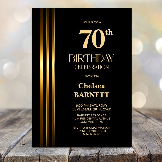 Invitación Gold Striped Black 70th Birthday Party (Subido por el creador)