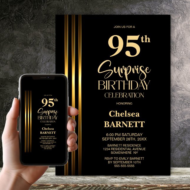Invitación Gold Striped Black 95th Surprise Birthday Party (Subido por el creador)