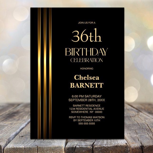 Invitación Gold Striped Black Any Age Birthday Party (Subido por el creador)