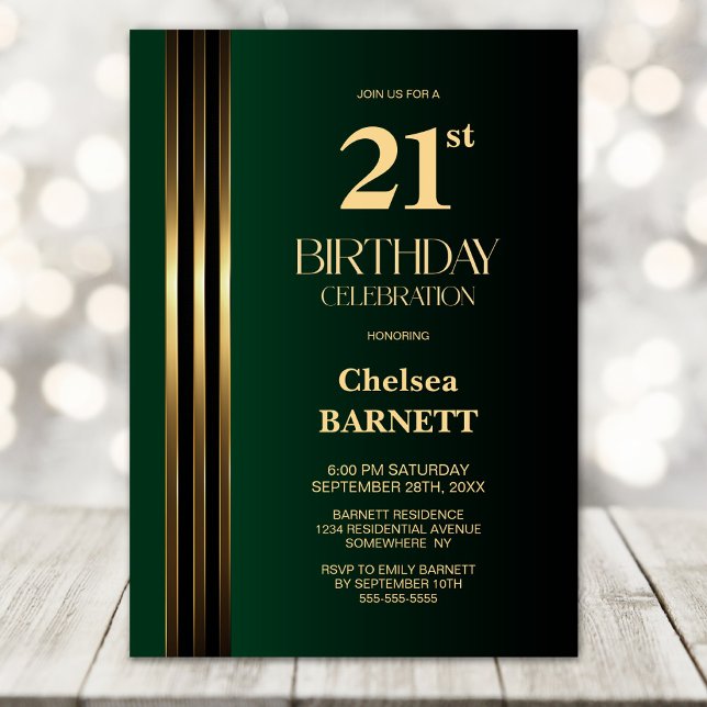 Invitación Gold Striped Black Green 21st Birthday Party (Subido por el creador)