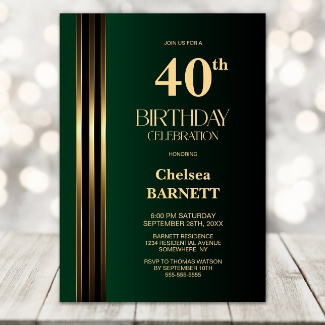 Invitación Gold Striped Black Green 40th Birthday Party (Subido por el creador)