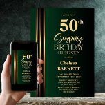 Invitación Gold Striped Black Green 50th Surprise Birthday<br><div class="desc">Make the surprise unforgettable with this stylish gold striped black and green surprise 50th birthday party invitation. The customizable text templates allow you to add the name of the honored guest, the secret party details, and the venue with ease. Your guest of honor will be in for a night of...</div>