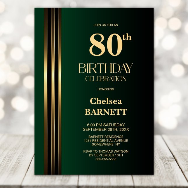 Invitación Gold Striped Black Green 80th Birthday Party (Subido por el creador)