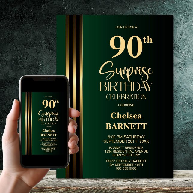 Invitación Gold Striped Black Green 90th Surprise Birthday (Subido por el creador)