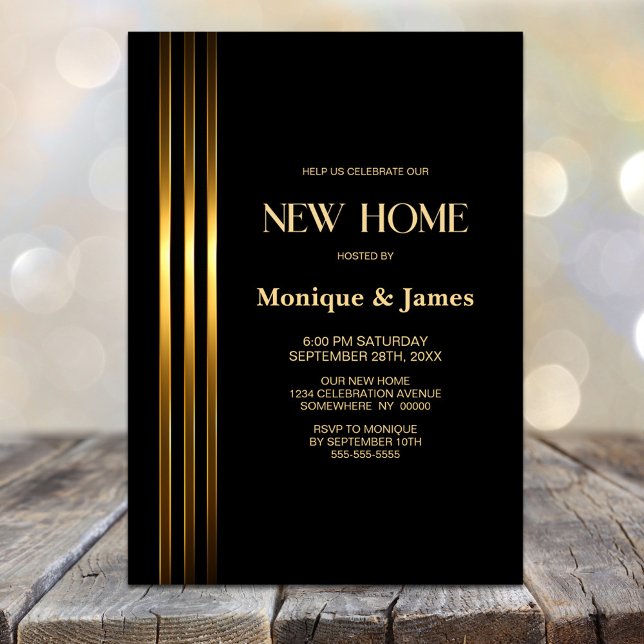 Invitación Gold Striped Black Housewarming Party (Subido por el creador)
