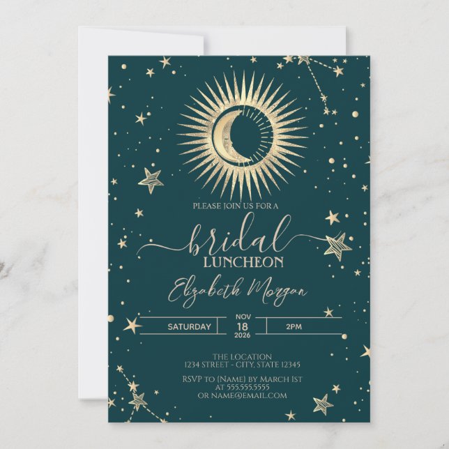 Invitación Gold Sun And Moon Stars Green Bridal Luncheon (Anverso)