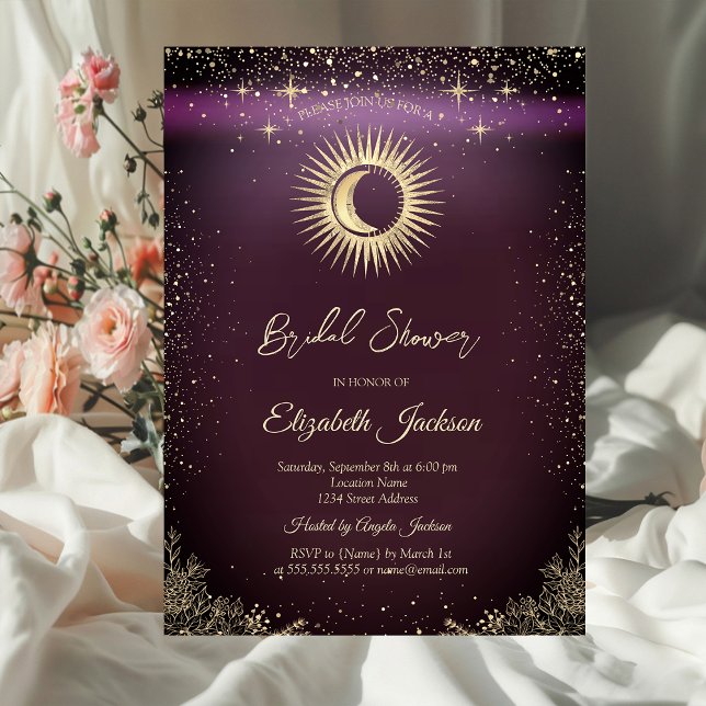 Invitación Gold Sun,Moon,Stars Flowers Burgundy Bridal Shower (Subido por el creador)
