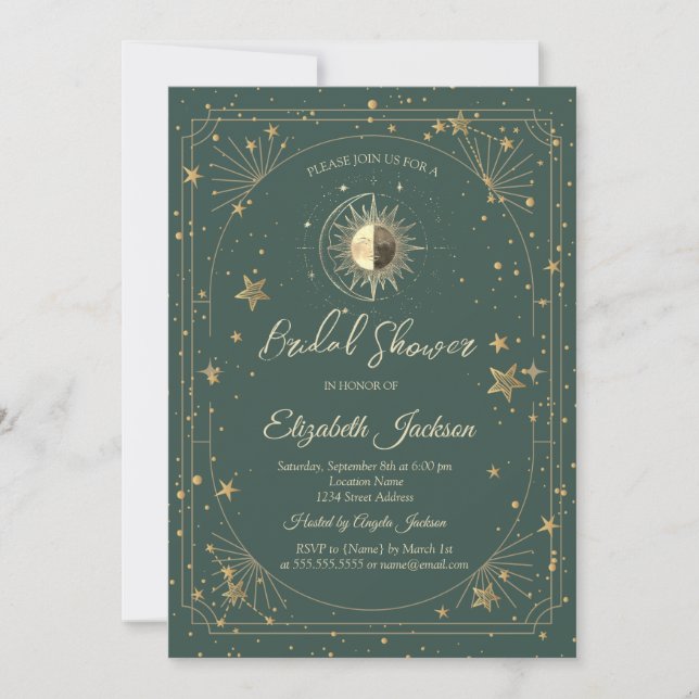 Invitación Gold Sun Stars Frame Green Bridal Shower (Anverso)