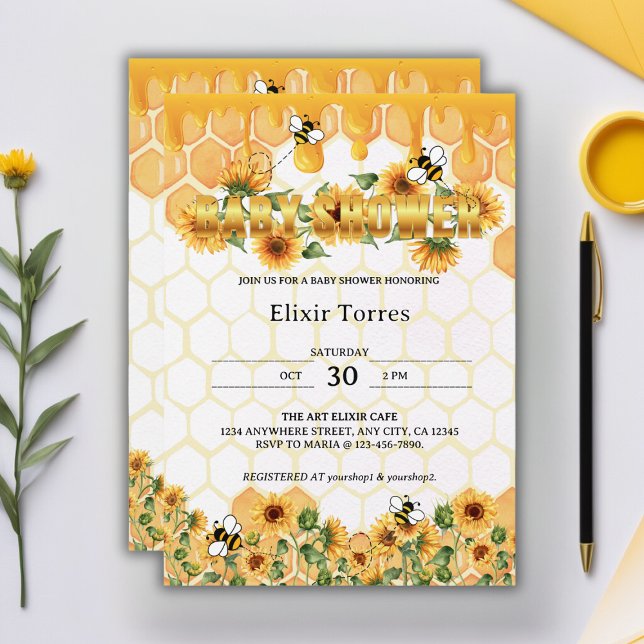 Invitación Gold Sunflower Honeycomb Honeybee Baby Shower (Subido por el creador)