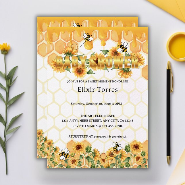Invitación Gold Sunflower Honeycomb Honeybee Baby Shower (Subido por el creador)