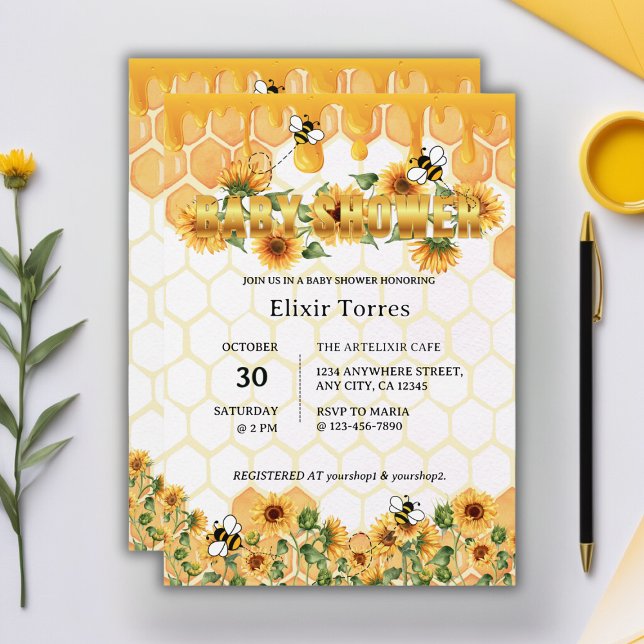 Invitación Gold Sunflower Honeycomb Honeybee Baby Shower (Subido por el creador)