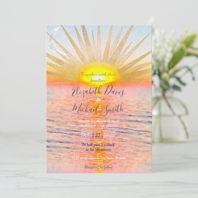 Invitación Gold Sunset Sun Mandala Watercolor Sea (Anverso de pie)