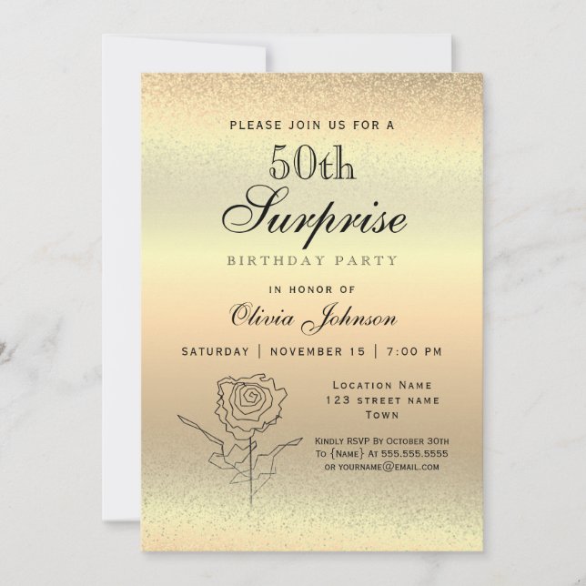 Invitación Gold Surprise 50 cumpleaños (Anverso)