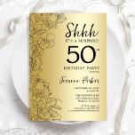 Invitación Gold Surprise 50 cumpleaños<br><div class="desc">Invitación a la fiesta de cumpleaños número 50 de la empresa Gold Surprise. Diseño femenino Glam con acentos botánicos y tipografía de escritura. Sencilla tarjeta de invitación floral perfecta para una elegante celebración de cumpleaños sorpresa femenina. Se puede personalizar a cualquier edad. Invitaciones Zazzle impresas o plantilla digital de descarga...</div>