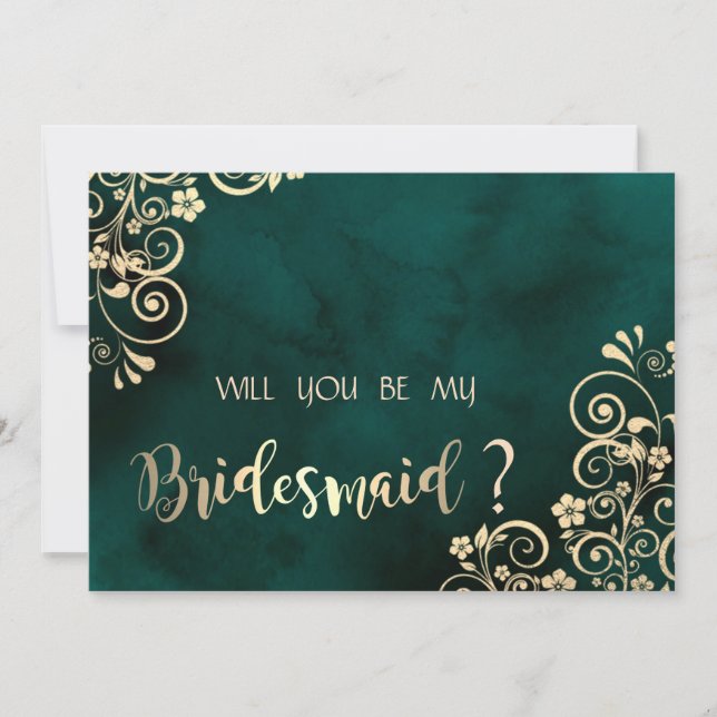 Invitación Gold Swirls Emerald Green Bridesmaid Card (Anverso)
