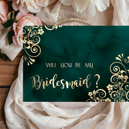 Invitación Gold Swirls Emerald Green Bridesmaid Card