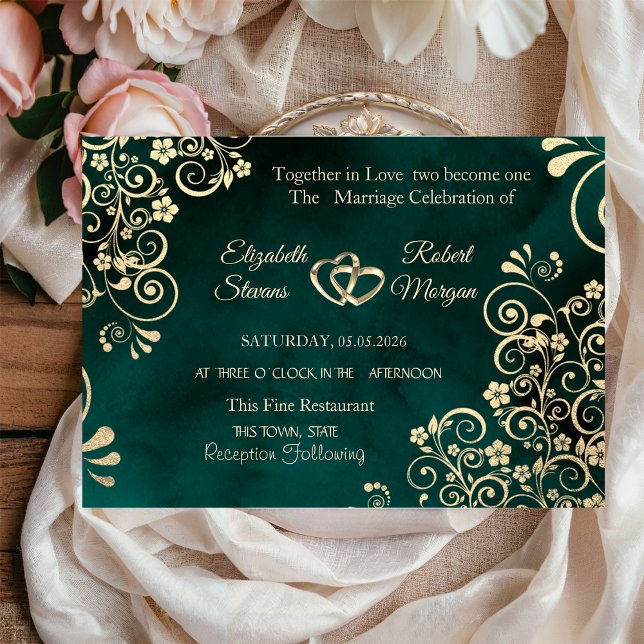 Invitación Gold Swirls Emerald Green Wedding  (Subido por el creador)