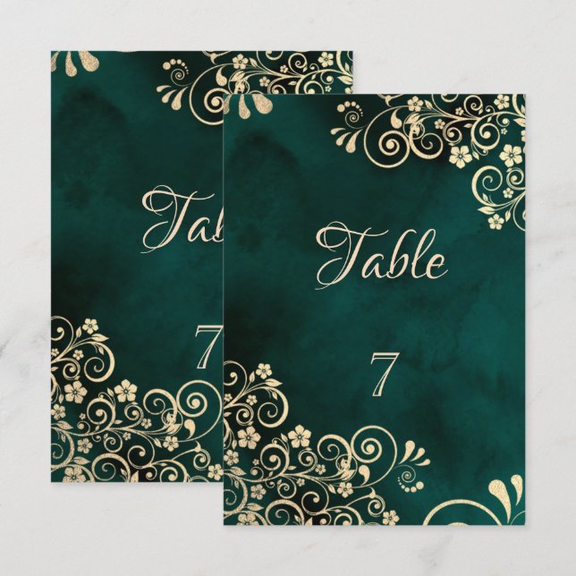 Invitación Gold Swirls Emerald Green Wedding Table Number (Anverso / Reverso)