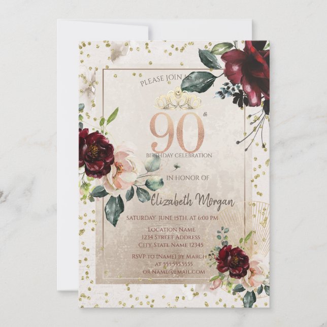 Invitación Gold Tiara,Burgundy Flowers  90th Birthday (Anverso)
