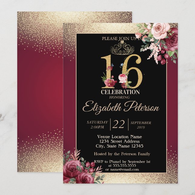 Invitación Gold Tiara Confetti Borgoña Sweet 16 Fiesta (Anverso / Reverso)