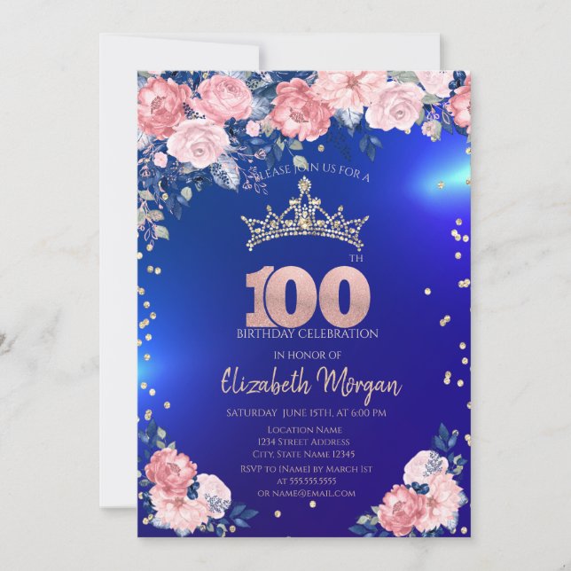 Invitación Gold Tiara Diamonds Flores Azul 100 cumpleaños (Anverso)