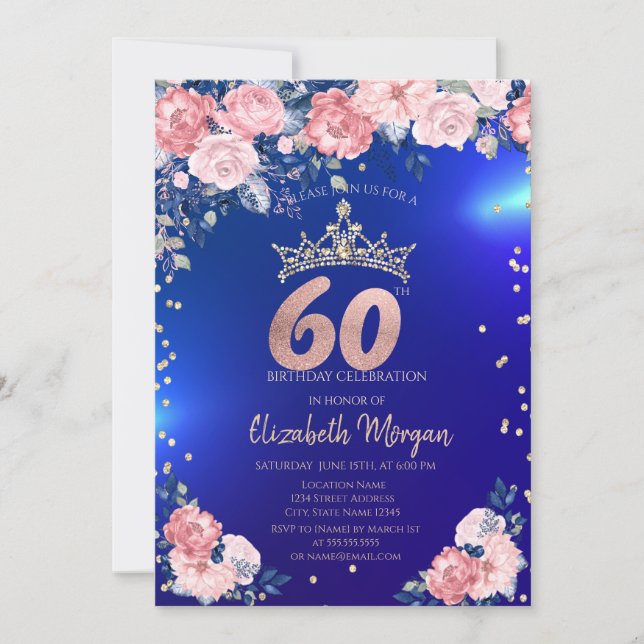 Invitación Gold Tiara Diamonds Flores Azul 60 cumpleaños (Anverso)