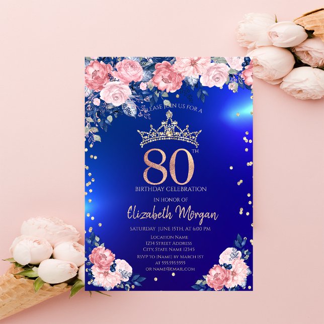 Invitación Gold Tiara Diamonds Flores Azul 80 cumpleaños (Subido por el creador)