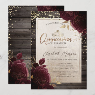 Invitación Gold Tiara, Rosas de Borgoña Madera Quinceañera